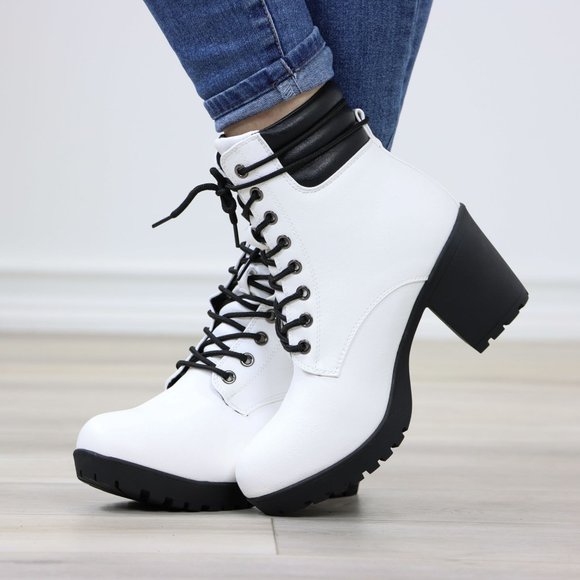 Lace-Up Lug Chunky Block High Heel Ankle Boots White Faux Leather - Picture 9 of 12